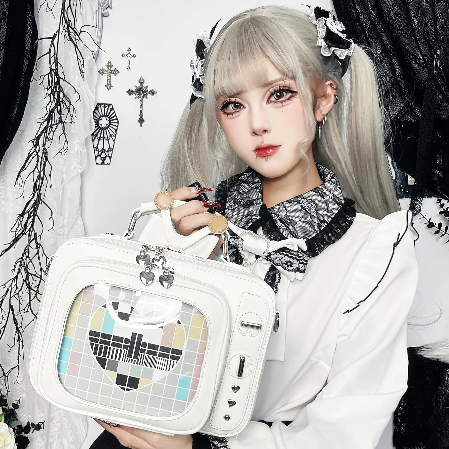 Novelty Women TV Shape Ita Bag Retro Television Shoulder Bag Design Ita Backpack with Inserts Unique female Clear Windows Anime Display for Pins Display(White)