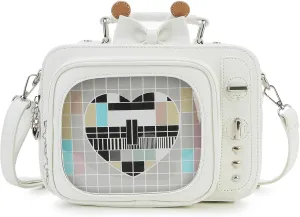 Novelty Women TV Shape Ita Bag Retro Television Shoulder Bag Design Ita Backpack with Inserts Unique female Clear Windows Anime Display for Pins Display(White)
