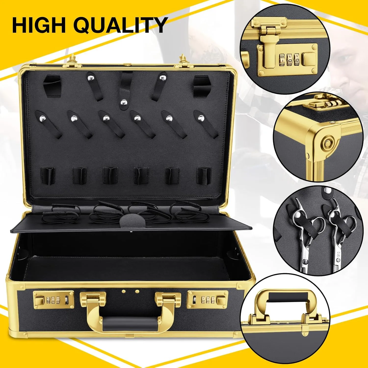 Noverlife Gold Password Lock Barber Carrying Case, Large Salon Hair Cutting Tools Storage Box, Portable Hairdresser Travel Suitcase Grooming ScissorsOrganizer for Hairstylist Makeup Artist Pet Groomer