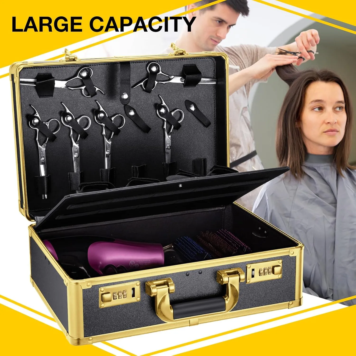 Noverlife Gold Password Lock Barber Carrying Case, Large Salon Hair Cutting Tools Storage Box, Portable Hairdresser Travel Suitcase Grooming ScissorsOrganizer for Hairstylist Makeup Artist Pet Groomer