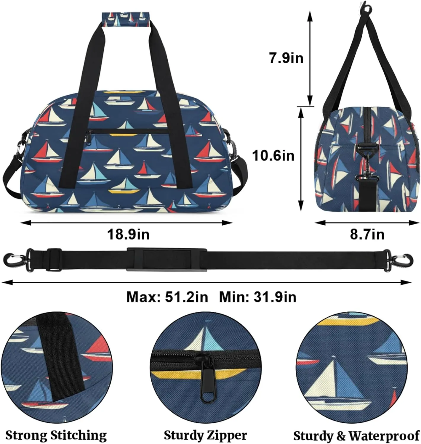 Ocean Sailboat Gym Bag for Women Men, Sports Travel Duffel Bag Lightweight Workout Bag Carry On Overnight Weekender Bag