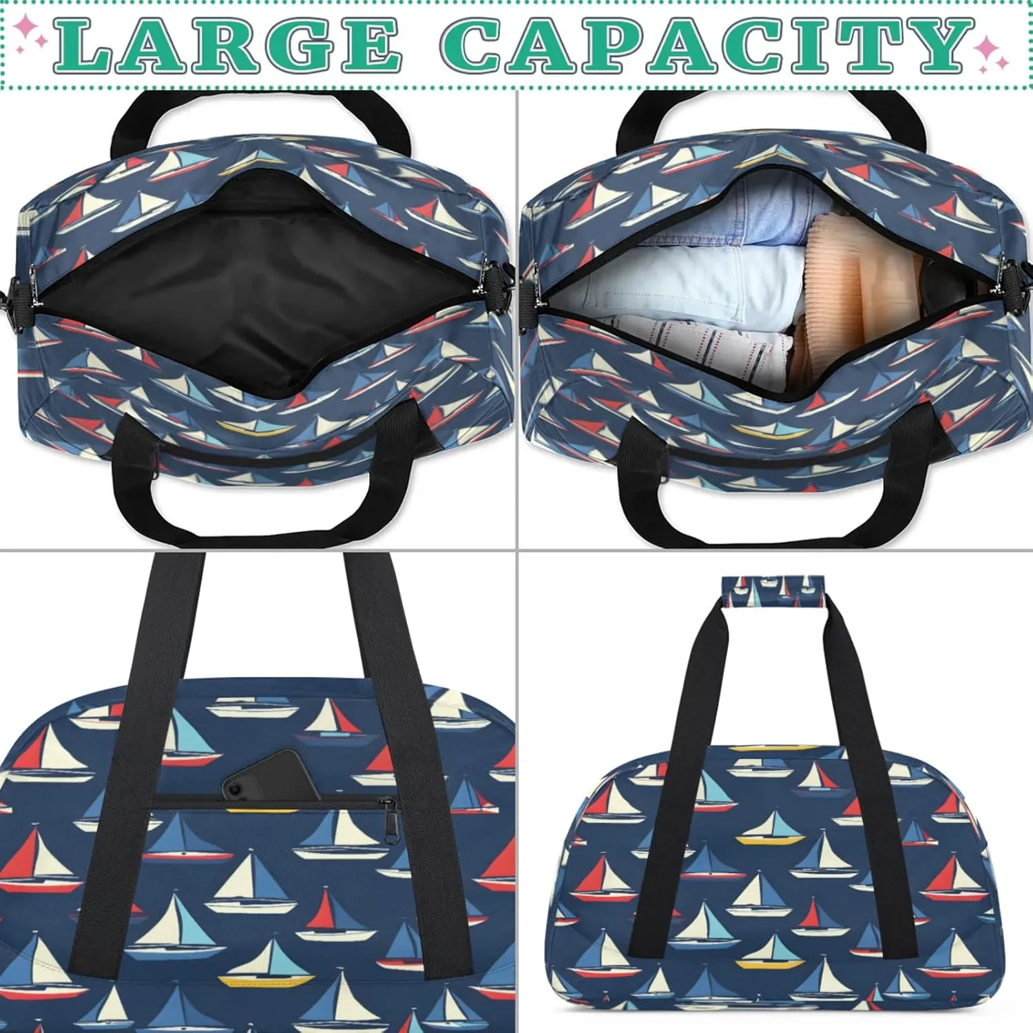 Ocean Sailboat Gym Bag for Women Men, Sports Travel Duffel Bag Lightweight Workout Bag Carry On Overnight Weekender Bag