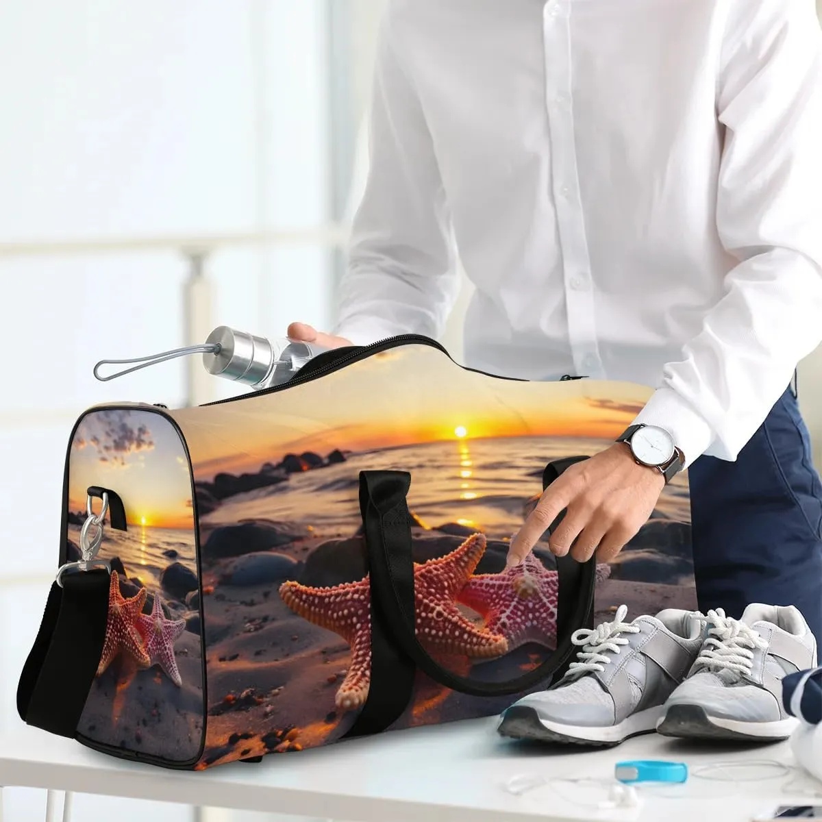 Ocean Theme Starfish Travel Duffel Bag for Women Men Waterproof Foldable Overnight Weekender Bag Large Capacity Sports Gym Bag