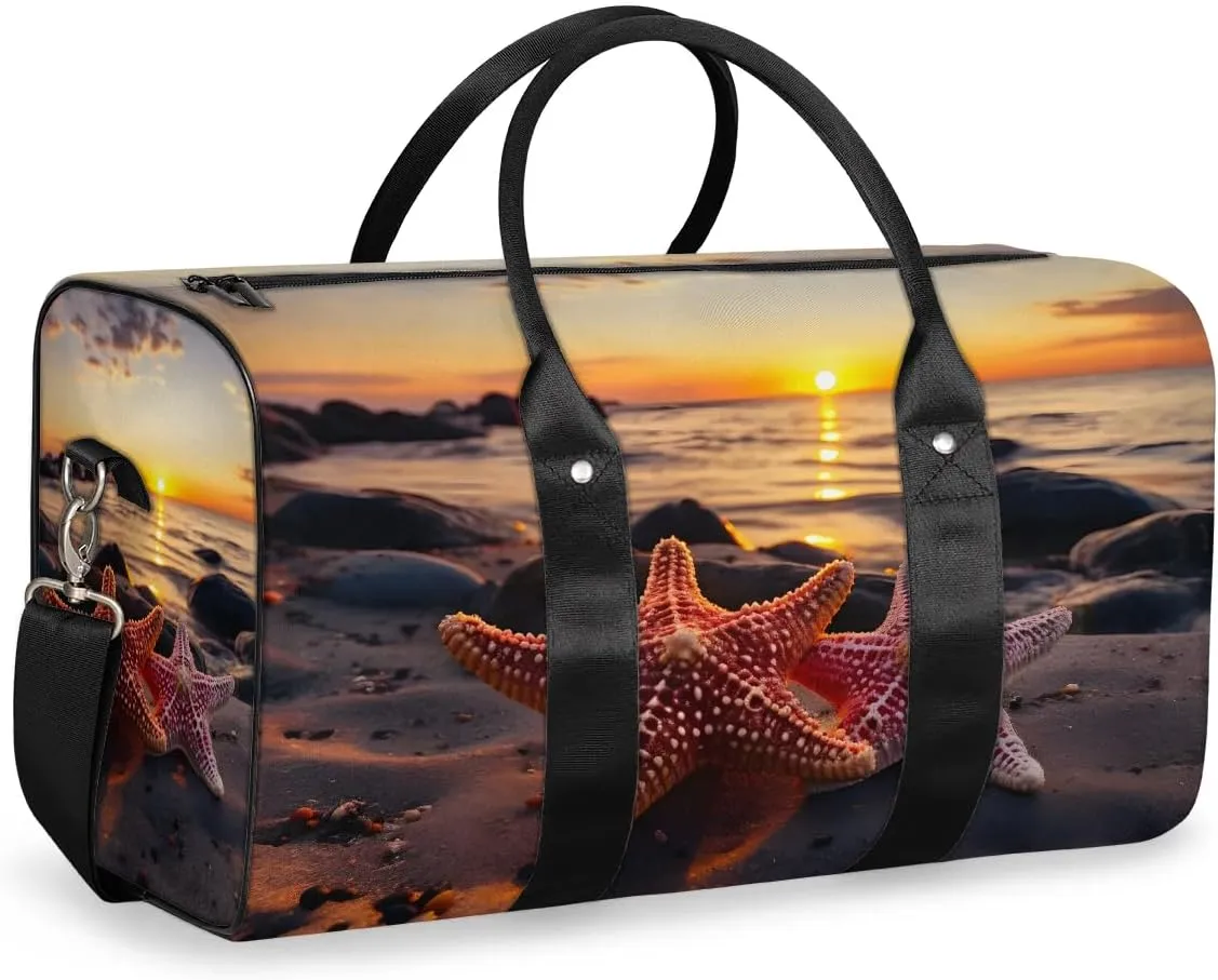 Ocean Theme Starfish Travel Duffel Bag for Women Men Waterproof Foldable Overnight Weekender Bag Large Capacity Sports Gym Bag
