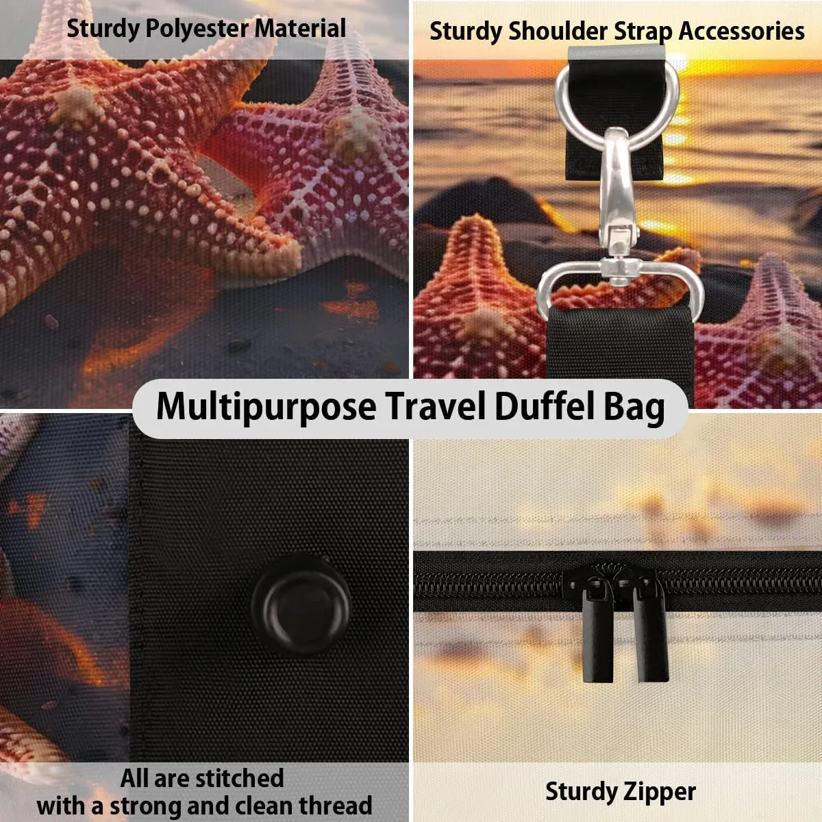 Ocean Theme Starfish Travel Duffel Bag for Women Men Waterproof Foldable Overnight Weekender Bag Large Capacity Sports Gym Bag