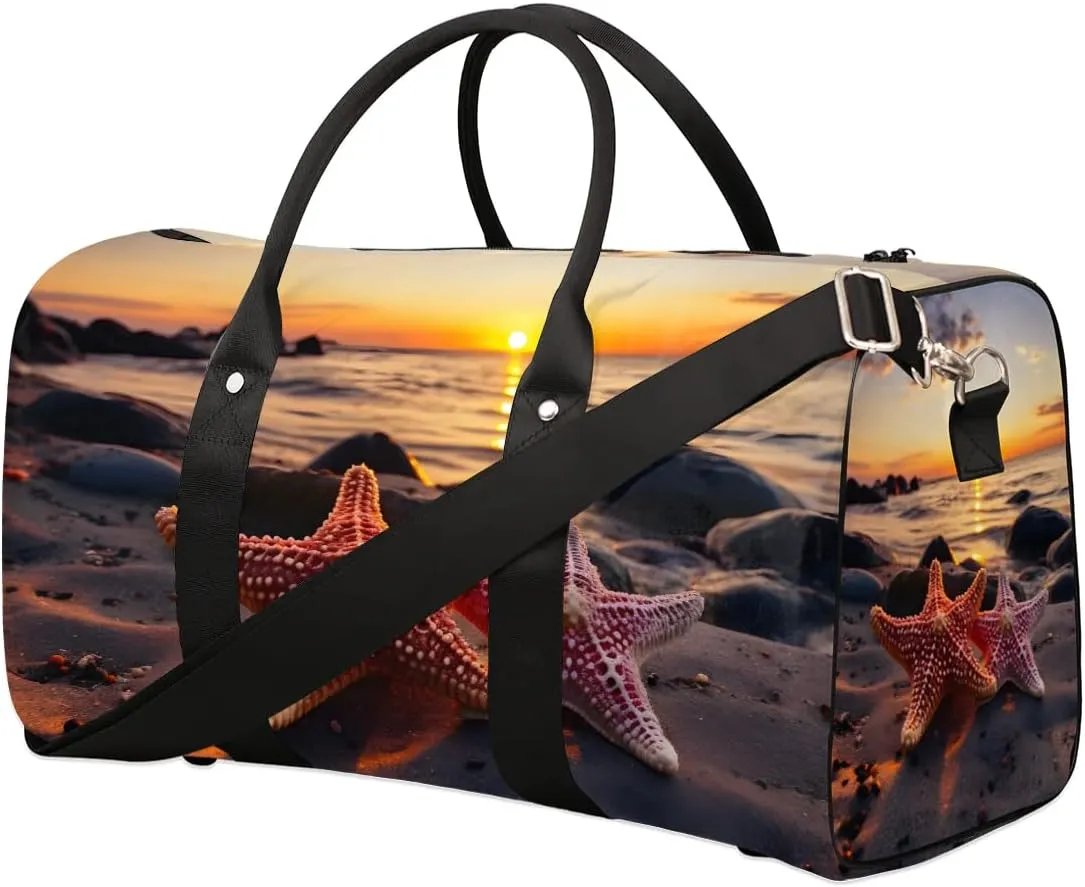 Ocean Theme Starfish Travel Duffel Bag for Women Men Waterproof Foldable Overnight Weekender Bag Large Capacity Sports Gym Bag