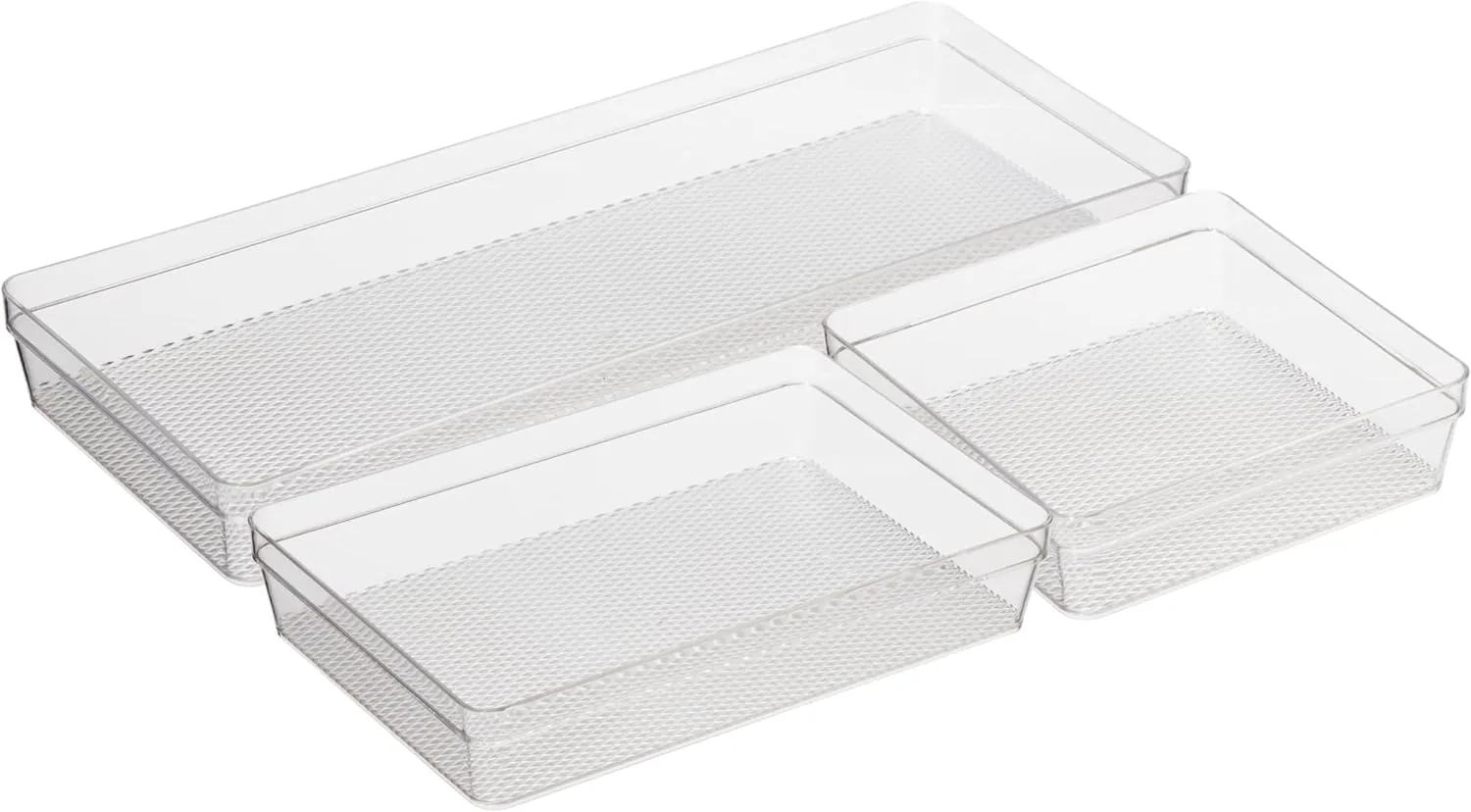 Oggi Set of 3 Clear Drawer Organizers - (1) 6x6.25, (1) 6.25x9.25, (1) 6.25x15.75 - Ideal for Organizing Kitchen Drawers, Office, Desk, Silverware, Kitchen Utensils, Cosmetics and Bathrooms
