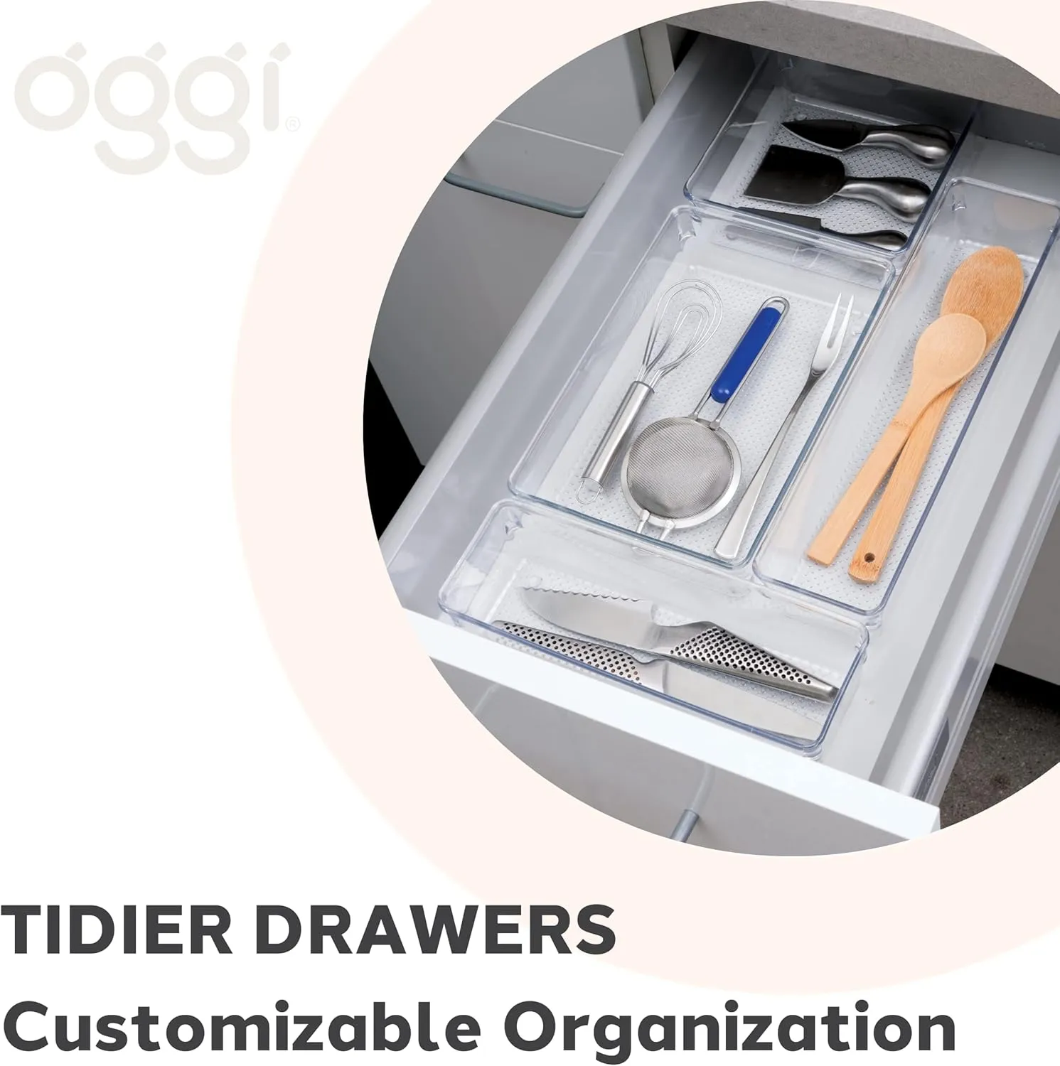 Oggi Set of 3 Clear Drawer Organizers - (1) 6x6.25, (1) 6.25x9.25, (1) 6.25x15.75 - Ideal for Organizing Kitchen Drawers, Office, Desk, Silverware, Kitchen Utensils, Cosmetics and Bathrooms