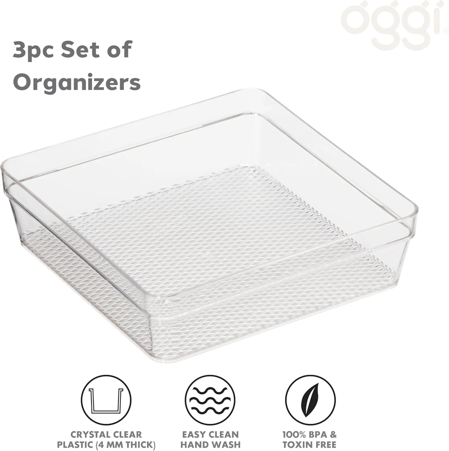 Oggi Set of 3 Clear Drawer Organizers - (1) 6x6.25, (1) 6.25x9.25, (1) 6.25x15.75 - Ideal for Organizing Kitchen Drawers, Office, Desk, Silverware, Kitchen Utensils, Cosmetics and Bathrooms