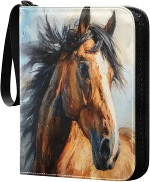 Oil Painting Horse Card Binder 4-Pocket, 400 Pockets Trading Cards Holder Games Card Albums Storage Organizer Case for Football, Baseball Cards