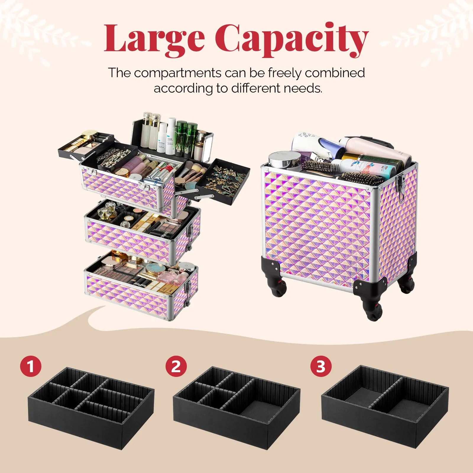 OmySalon 4-in-1 Aluminum Lockable Rolling Makeup Train Case