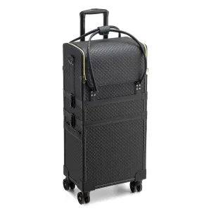 OmySalon Leather Makeup Train Case Rolling Cosmetic Case Lockable Travel Case Beauty Trolley with 4 Wheels, Portable Bag, Ideal Gift for Girls, Womens,Professional Artists (Black)
