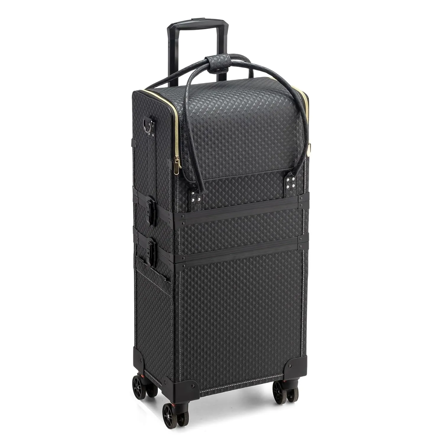 OmySalon Leather Makeup Train Case Rolling Cosmetic Case Lockable Travel Case Beauty Trolley with 4 Wheels, Portable Bag, Ideal Gift for Girls, Womens,Professional Artists (Black)