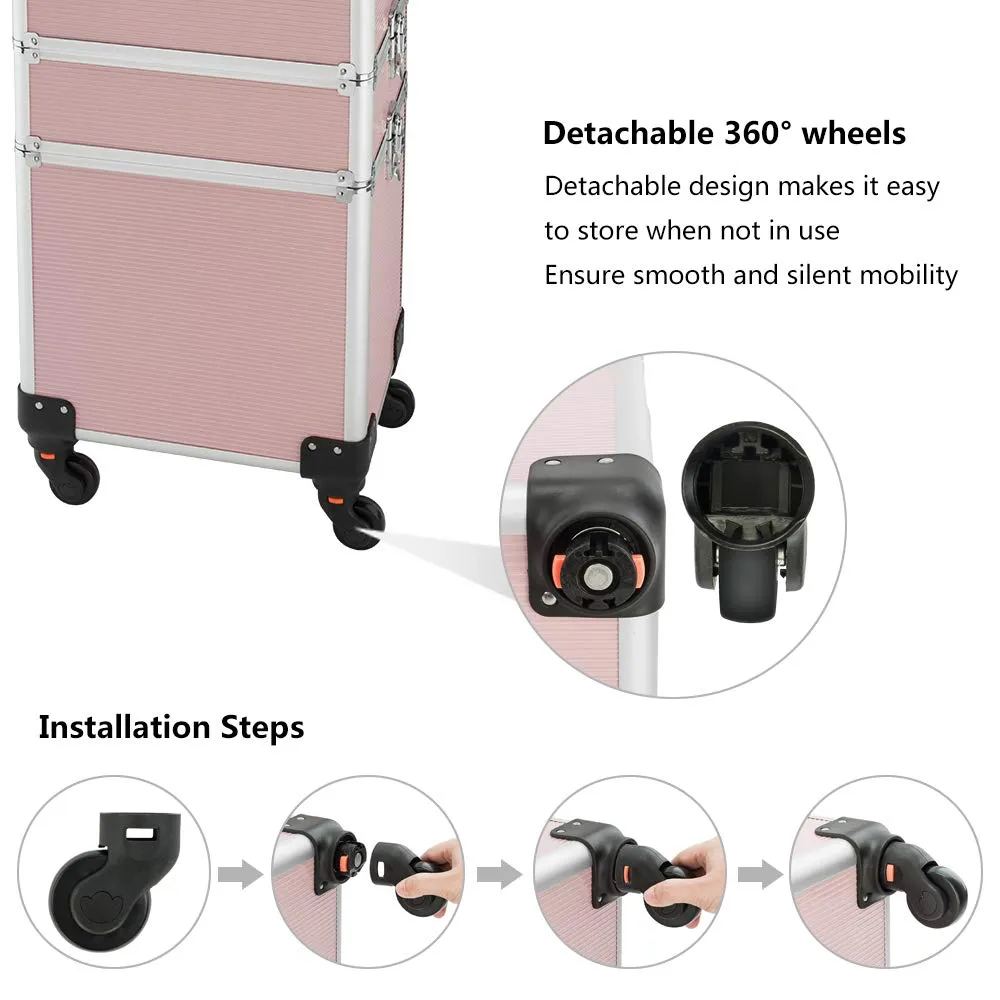 Omysalon MCA401 4-in-1 Aluminum Lockable Rolling Makeup Cosmetic Organizer Train Case
