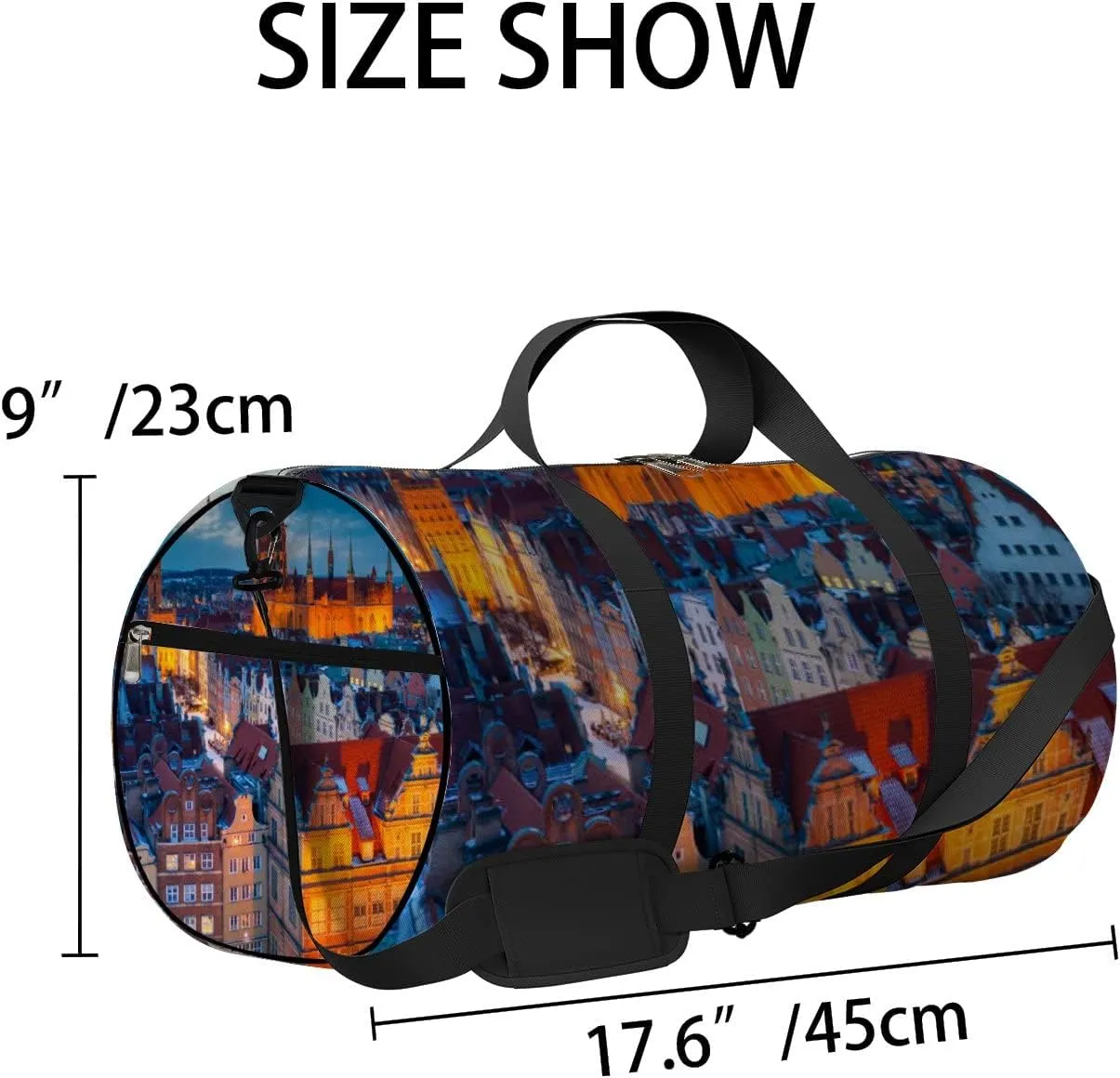 Orange Beautiful Old Town Gdansk Winter Dusk Sports Bag Tote Bag Waterproof Gym Bag with Shoulder Strap Zipper 2 Side Pockets for Men and Women, Travel and Storage Shoulder Bag.