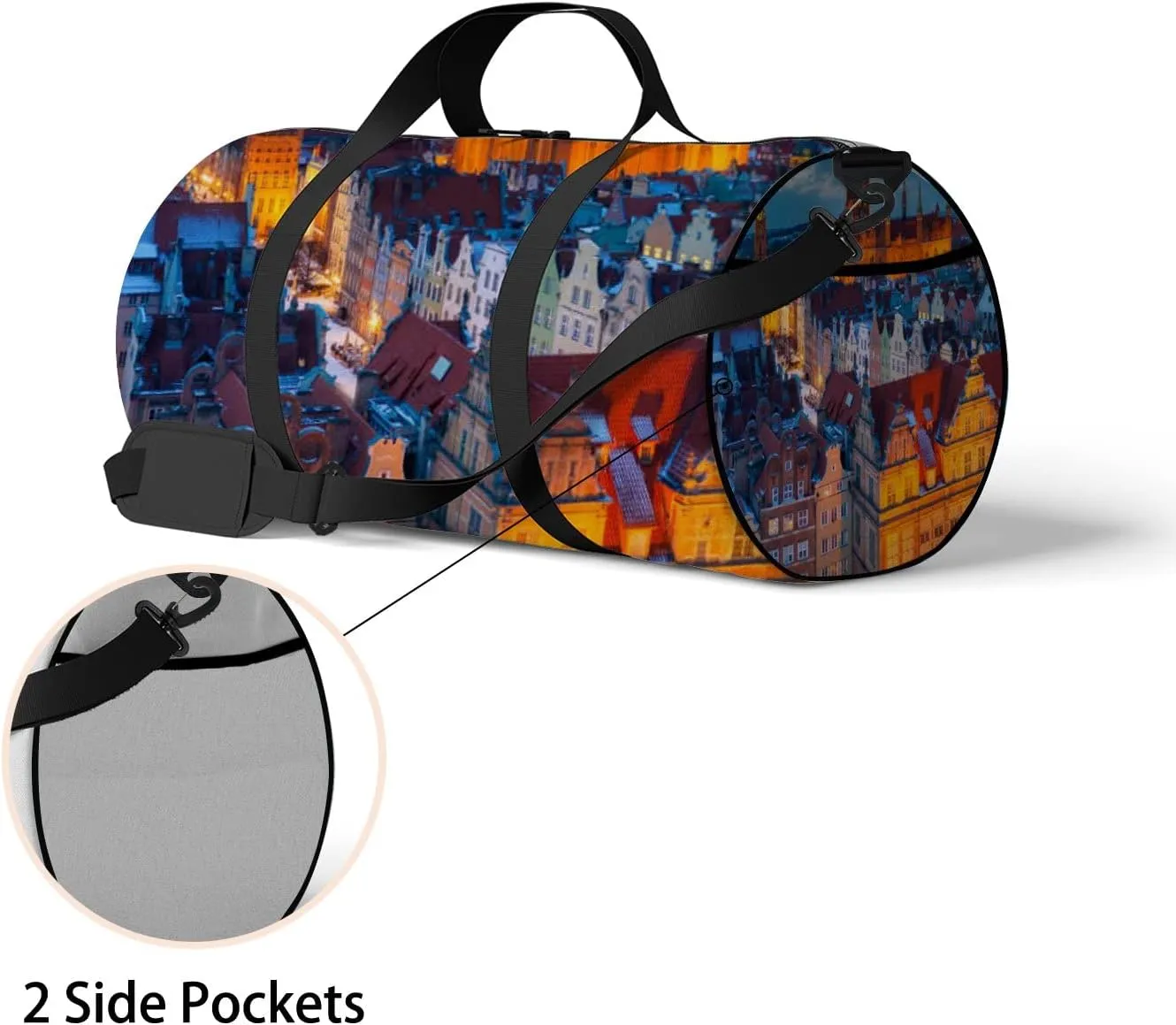 Orange Beautiful Old Town Gdansk Winter Dusk Sports Bag Tote Bag Waterproof Gym Bag with Shoulder Strap Zipper 2 Side Pockets for Men and Women, Travel and Storage Shoulder Bag.