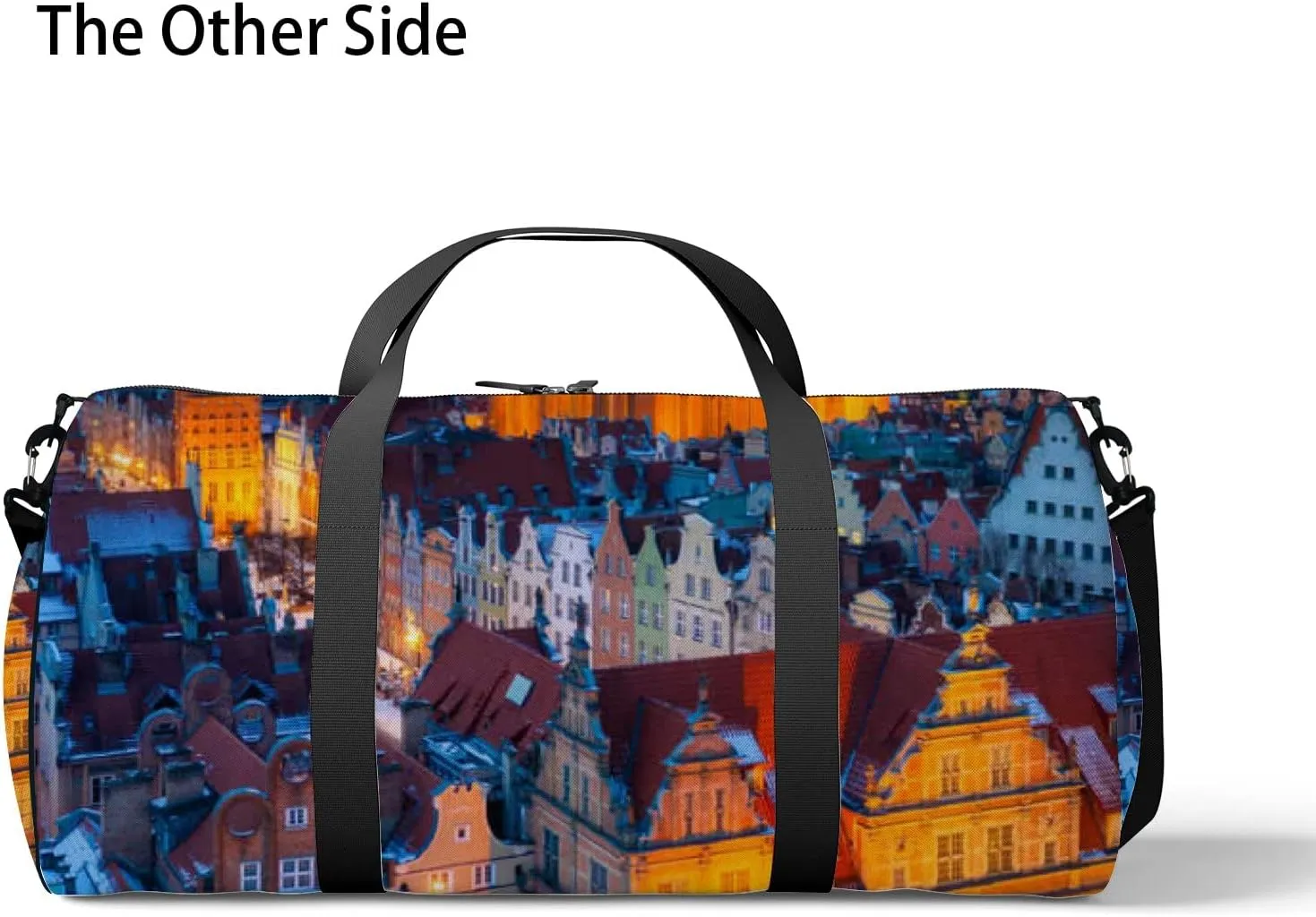 Orange Beautiful Old Town Gdansk Winter Dusk Sports Bag Tote Bag Waterproof Gym Bag with Shoulder Strap Zipper 2 Side Pockets for Men and Women, Travel and Storage Shoulder Bag.