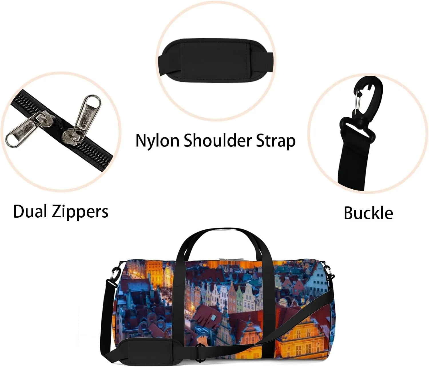 Orange Beautiful Old Town Gdansk Winter Dusk Sports Bag Tote Bag Waterproof Gym Bag with Shoulder Strap Zipper 2 Side Pockets for Men and Women, Travel and Storage Shoulder Bag.