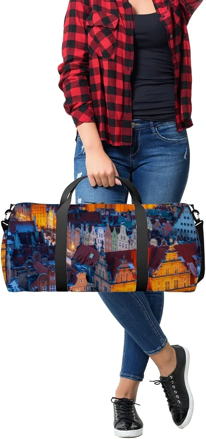 Orange Beautiful Old Town Gdansk Winter Dusk Sports Bag Tote Bag Waterproof Gym Bag with Shoulder Strap Zipper 2 Side Pockets for Men and Women, Travel and Storage Shoulder Bag.