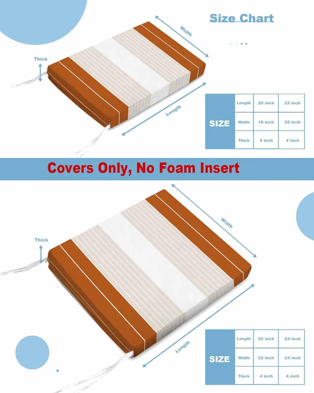 Orange Beige Stripe Outdoor Cushion Chair Cover Set of 4 - Waterproof Couch Seat Covers, Modern Art Horizontal Striped Patio Furniture Protector Cushions Slipcovers for Sofa/RV, 24"x24"x4"