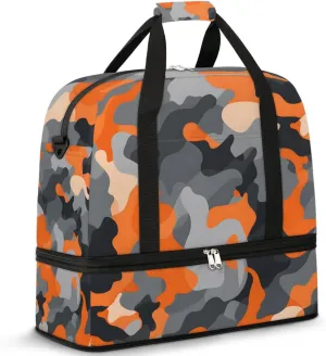 Orange Camouflage Travel Duffel Bag for Women Men Weekender Overnight Bag with Shoe Compartment Foldable Sports Gym Luggage Bag