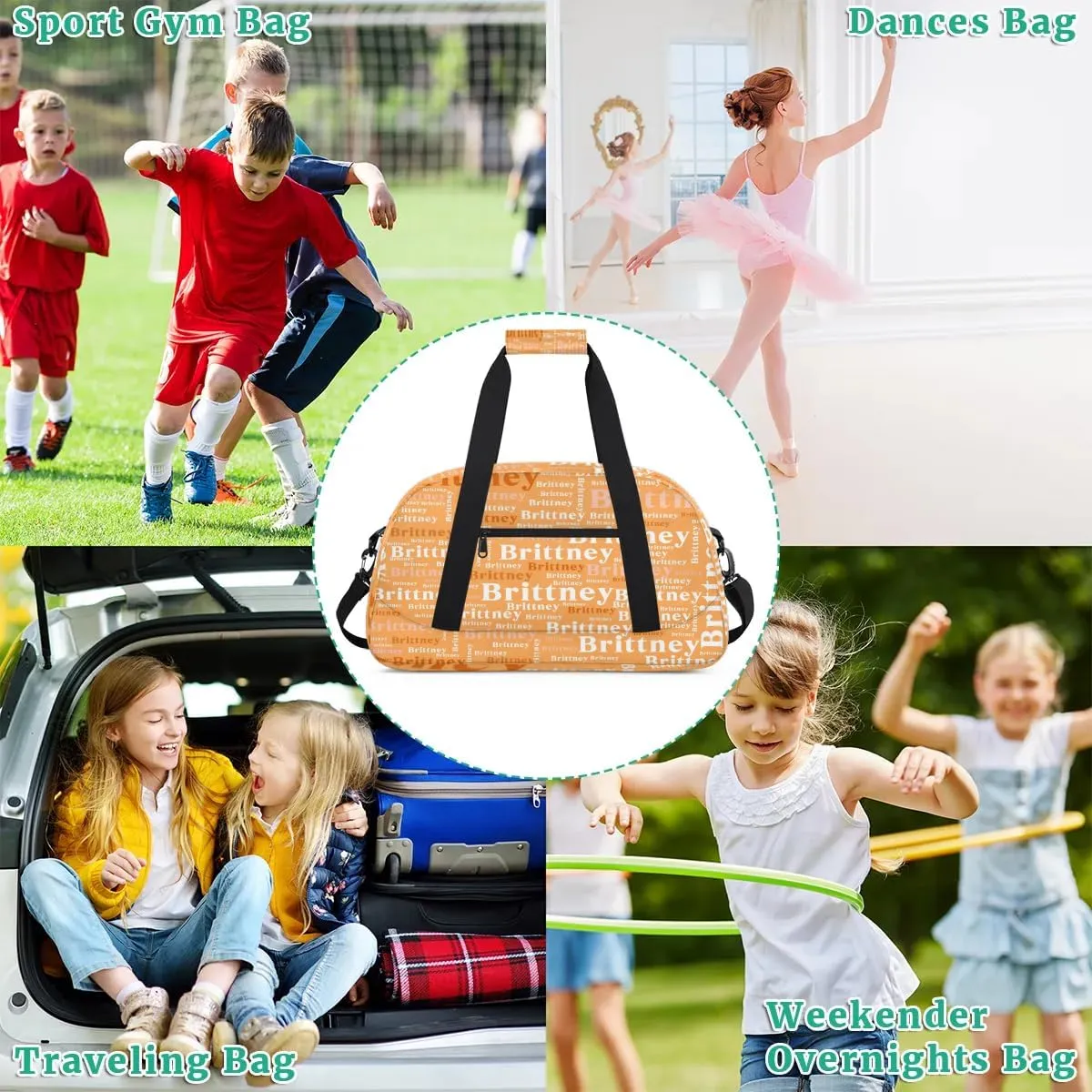 Orange Personalized Duffle Bag for Kids Custom Dance Ballet Bag with Name Lightweight Travel Weekender Overnight Bags Sport Gym Duffel Bag Workout Carry On Tote for Girls Boys
