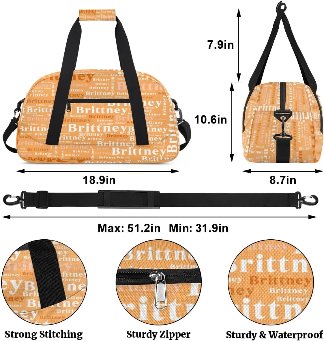 Orange Personalized Duffle Bag for Kids Custom Dance Ballet Bag with Name Lightweight Travel Weekender Overnight Bags Sport Gym Duffel Bag Workout Carry On Tote for Girls Boys