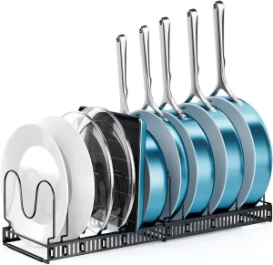 ORDORA Pots and Pans Organizer Under Cabinet, Expandable Cutting Board Pot Lid Organizer for Cabinet Holder with 10 Adjustable Dividers for Kitchen Storage