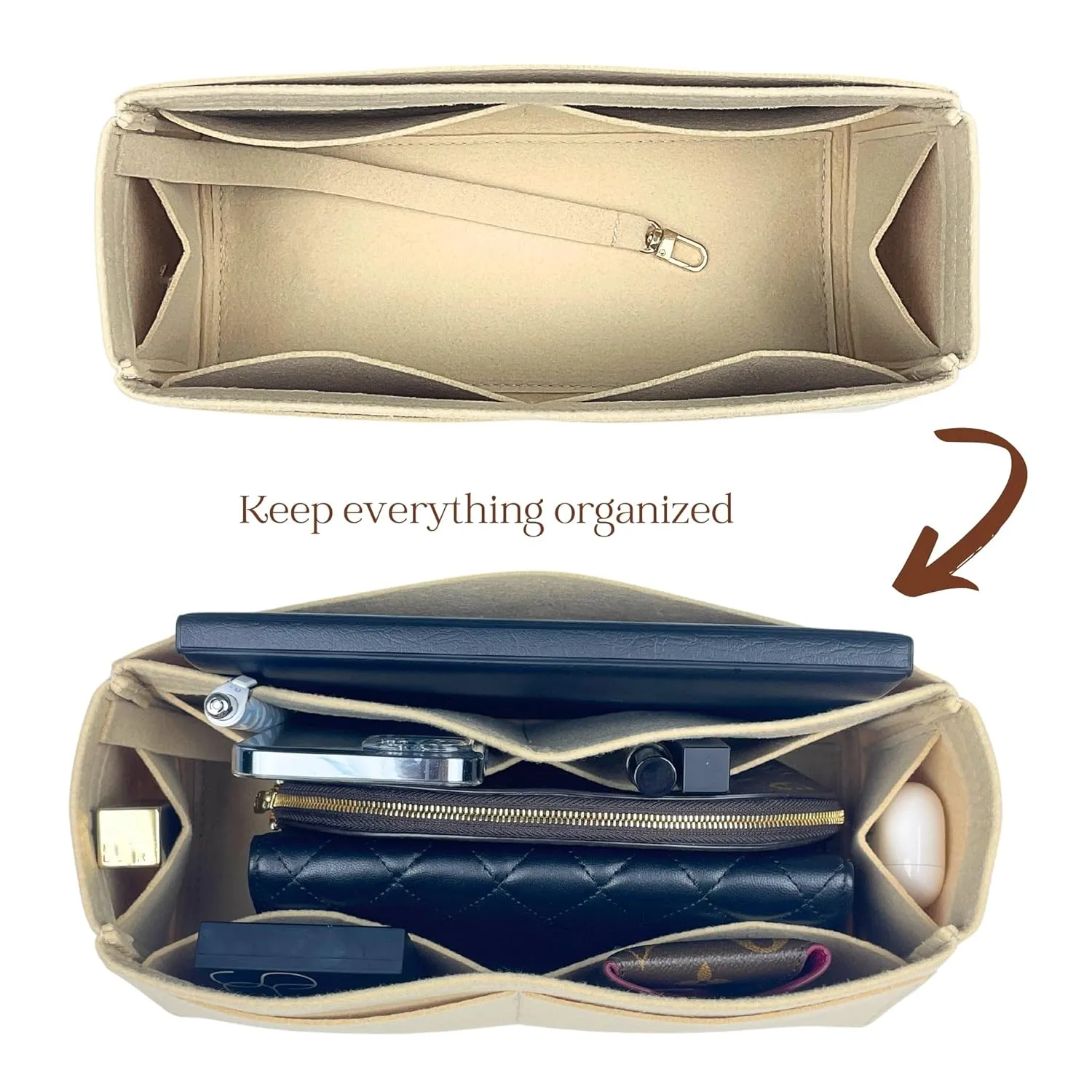 Organizer for Brooklyn Shoulder Bag 23 | 28 | 39, Felt Insert with Key Chain, Reinforced Base, Trapezoid Shape (Size 39, GoldBrown)