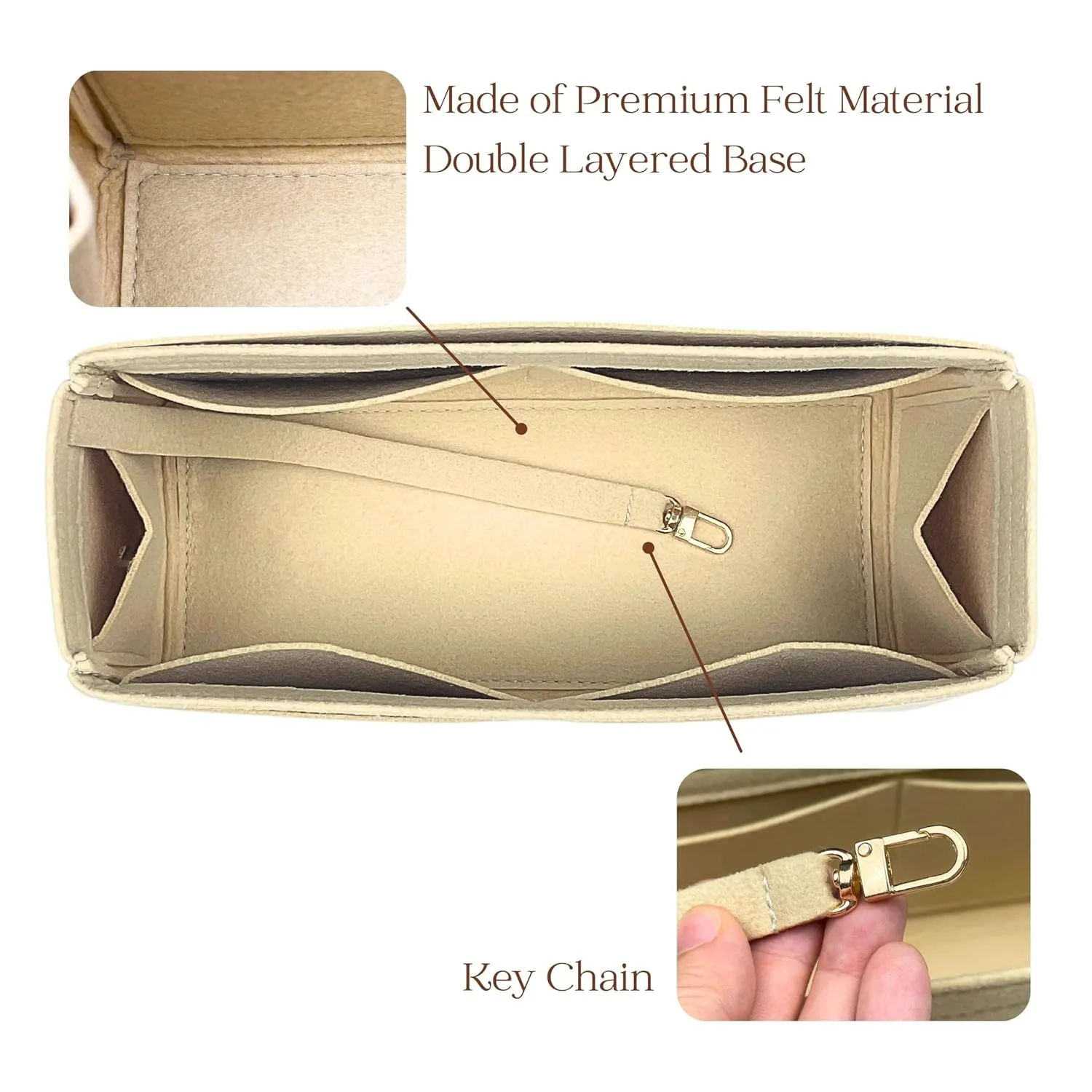 Organizer for Brooklyn Shoulder Bag 23 | 28 | 39, Felt Insert with Key Chain, Reinforced Base, Trapezoid Shape (Size 39, GoldBrown)
