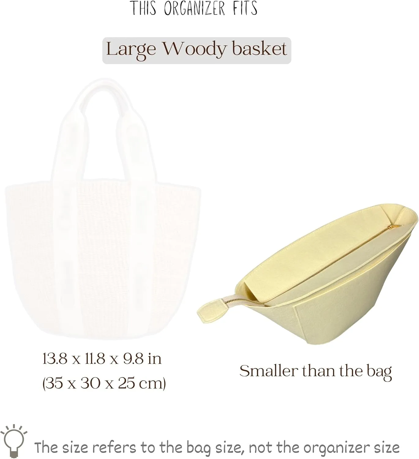 Organizer for Chloe Large Woody Basket Bag, Felt Bag Insert with Top Zipper Cover (LightPurple)
