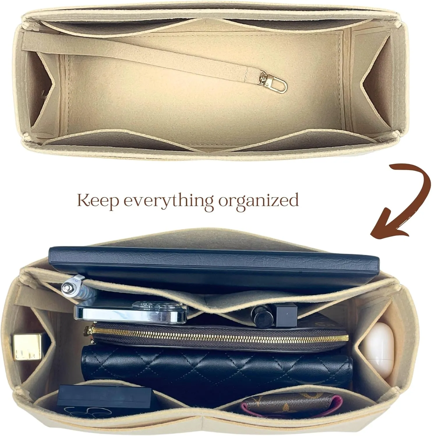 Organizer for Coa.h Soft Empire Carryall (Size 48, Evergreen), Felt Bag Insert for 40/48 with Keychain Hook, Reinforced base