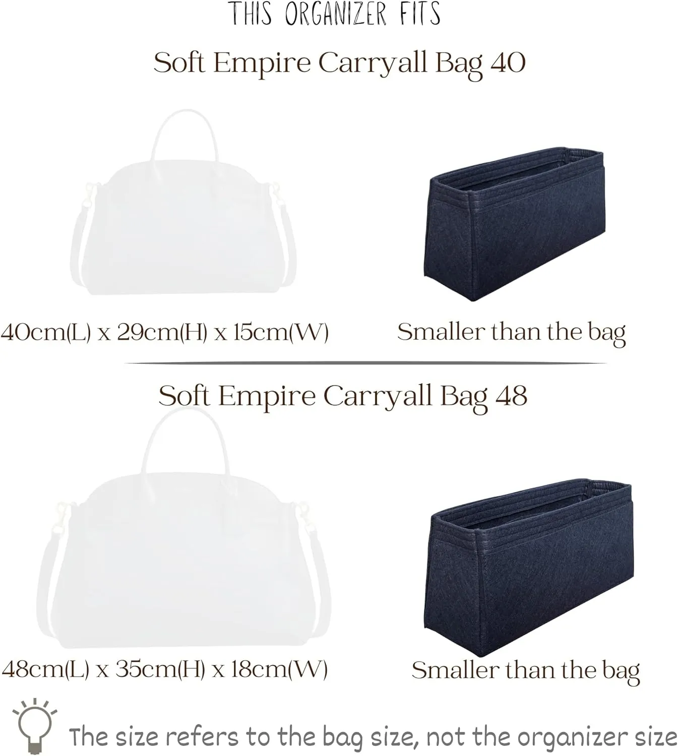 Organizer for Coa.h Soft Empire Carryall (Size 48, Evergreen), Felt Bag Insert for 40/48 with Keychain Hook, Reinforced base