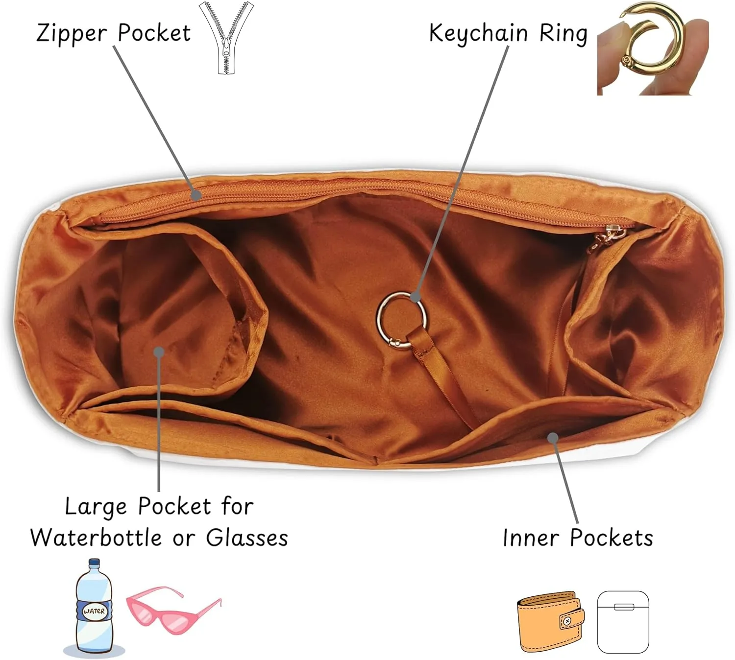 Organizer for Low Key Hobo PM/MM, Lightweight Bag Insert, DupontPaper and Satin Silk Liner, 34 Interior Colors (MM, Brown)