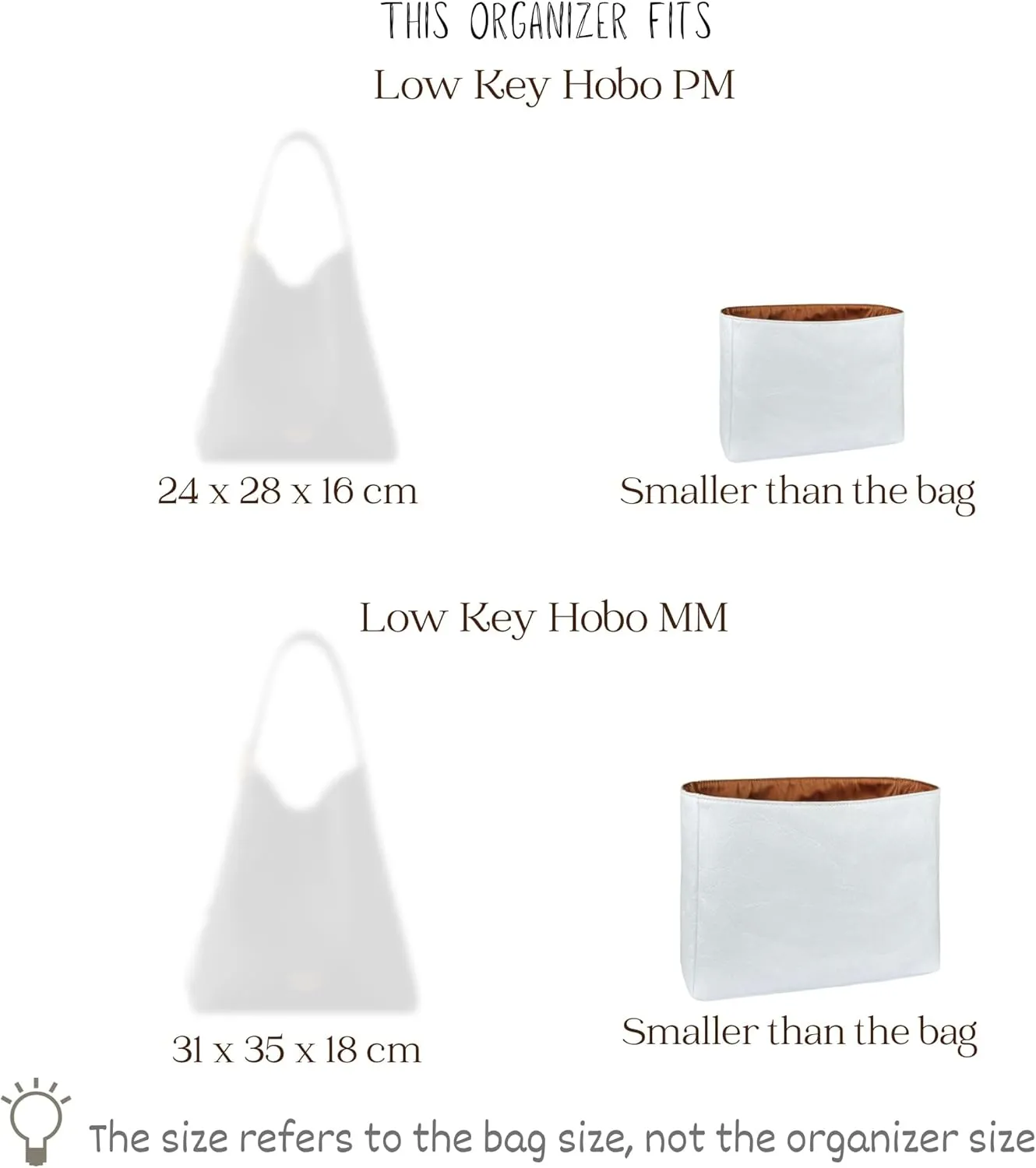 Organizer for Low Key Hobo PM/MM, Lightweight Bag Insert, DupontPaper and Satin Silk Liner, 34 Interior Colors (MM, Brown)