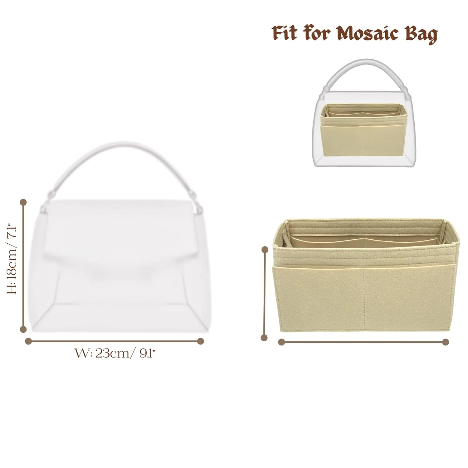 Organizer for Mosaic Bag, Handmade Felt Bag Insert, 31 Colors (Tan)