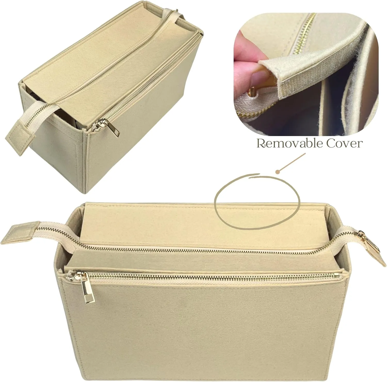 Organizer for OnTheGo PM/MM/GM/BB/East West, Felt Bag Insert with Removable Cover (BB, White)