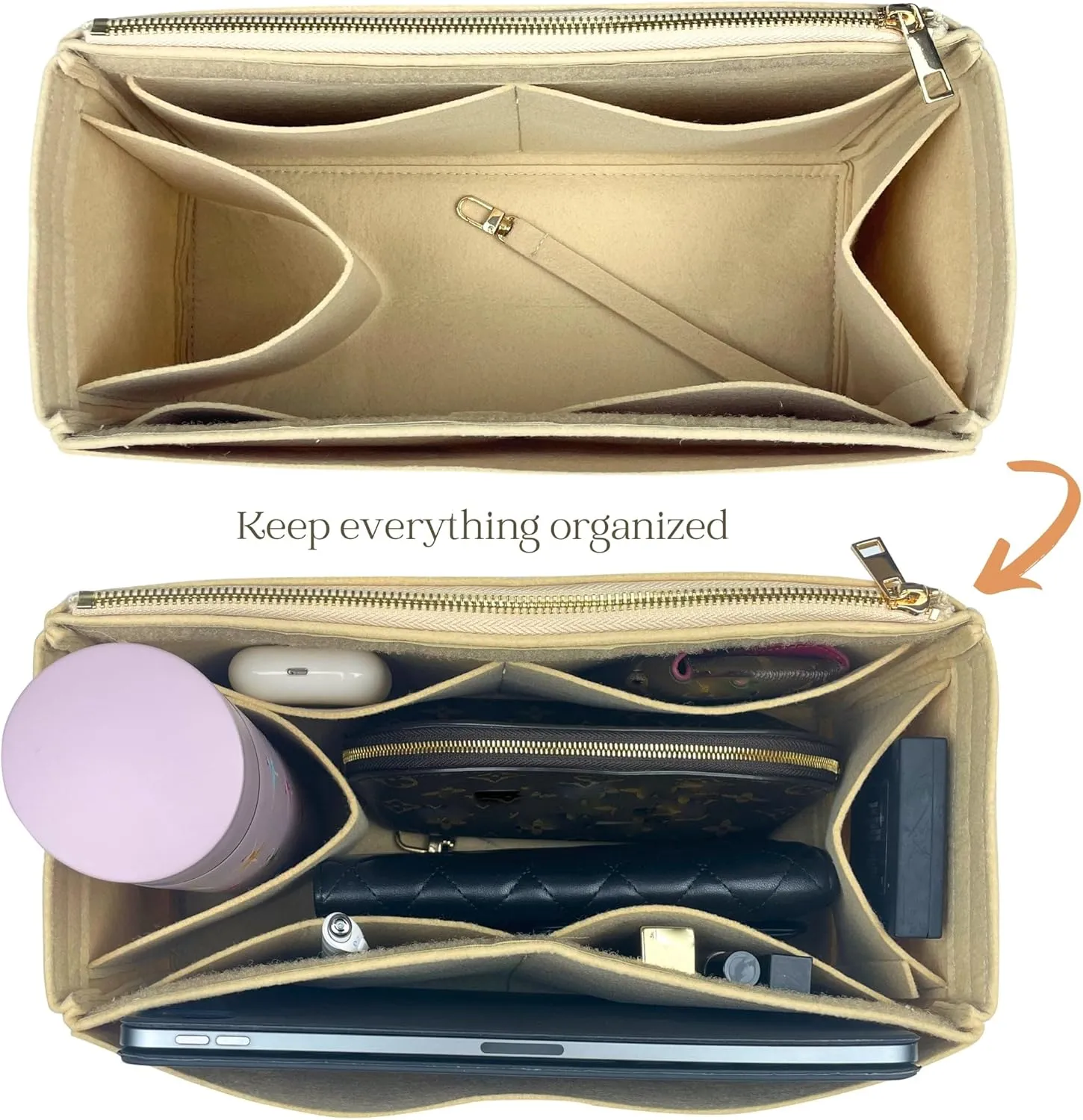 Organizer for OnTheGo PM/MM/GM/BB/East West, Felt Bag Insert with Removable Cover (BB, White)