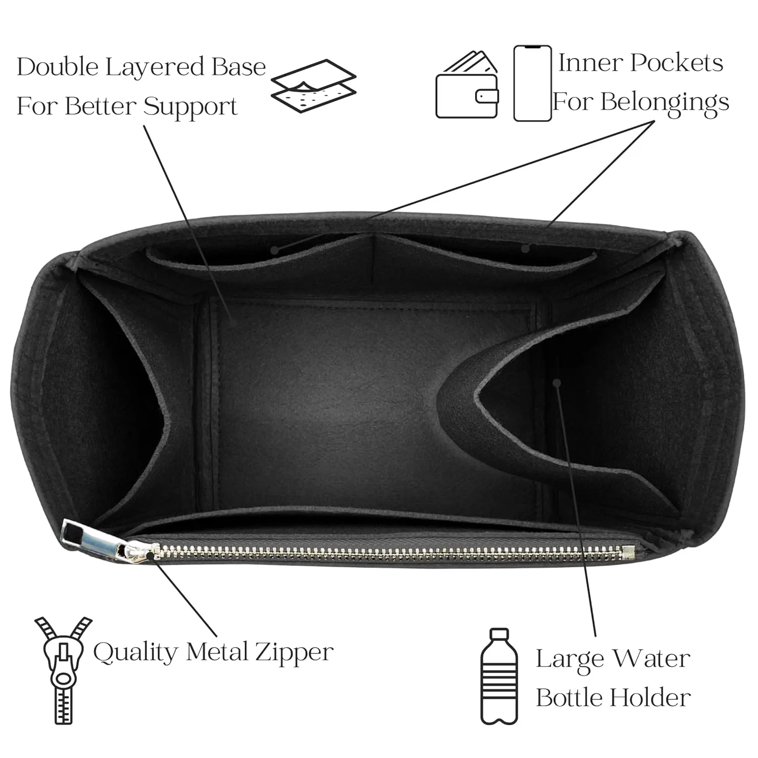 Organizer for Row N/S Park Tote Bag in Leather, Small, Medium, Large, Felt Bag Insert, 31 Colors (Large, Black)