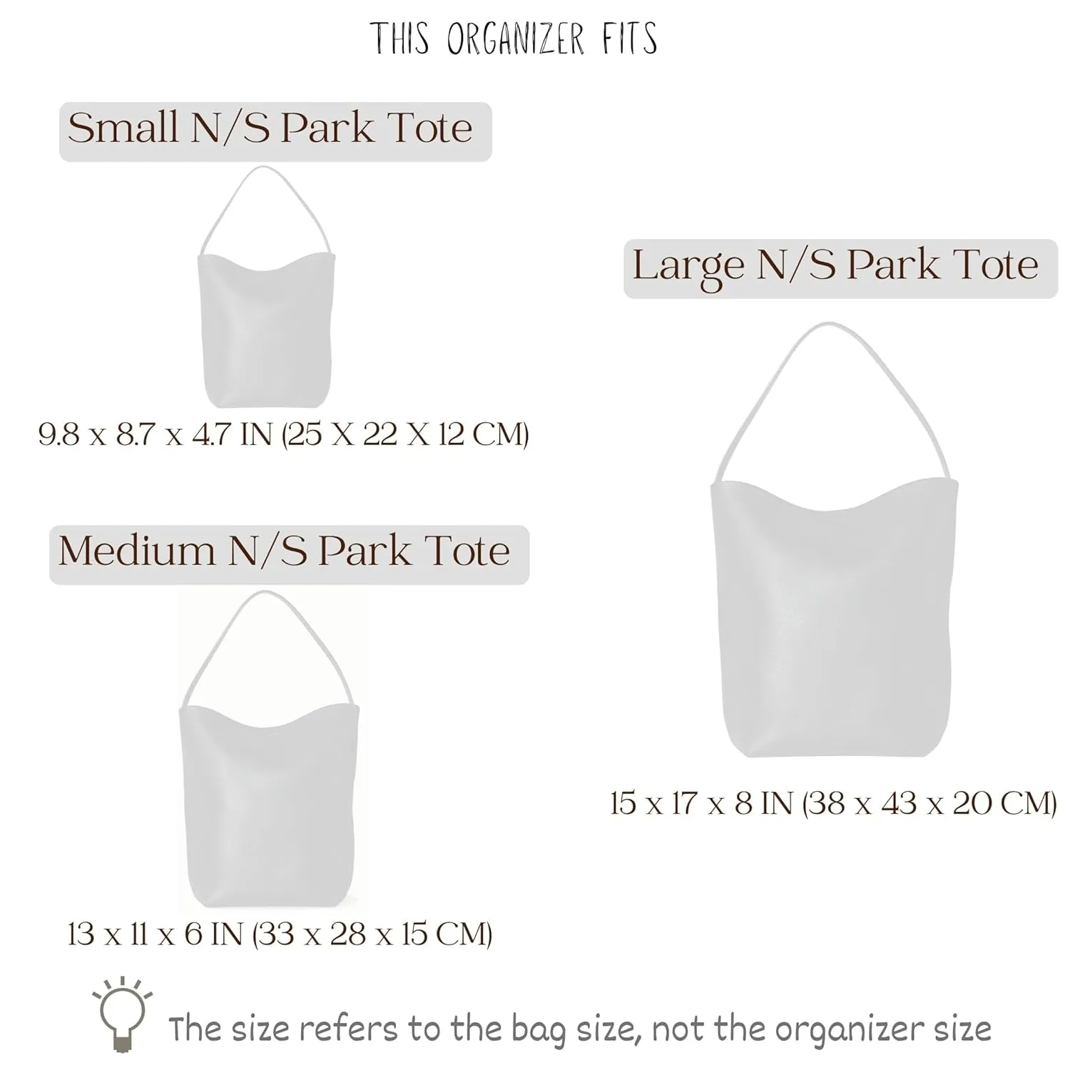 Organizer for Row N/S Park Tote Bag in Leather, Small, Medium, Large, Felt Bag Insert, 31 Colors (Large, Black)