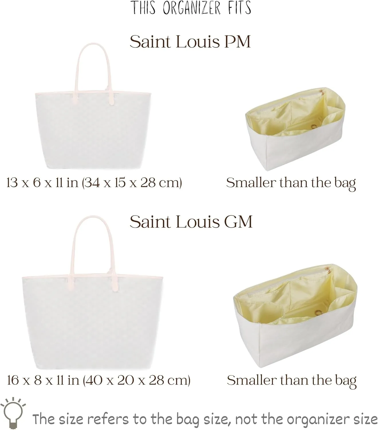 Organizer for Saint Louis PM | GM, Lightweight Bag Insert, DupontPaper and Satin Silk Liner, 34 Interior Colors (GM, Blue)