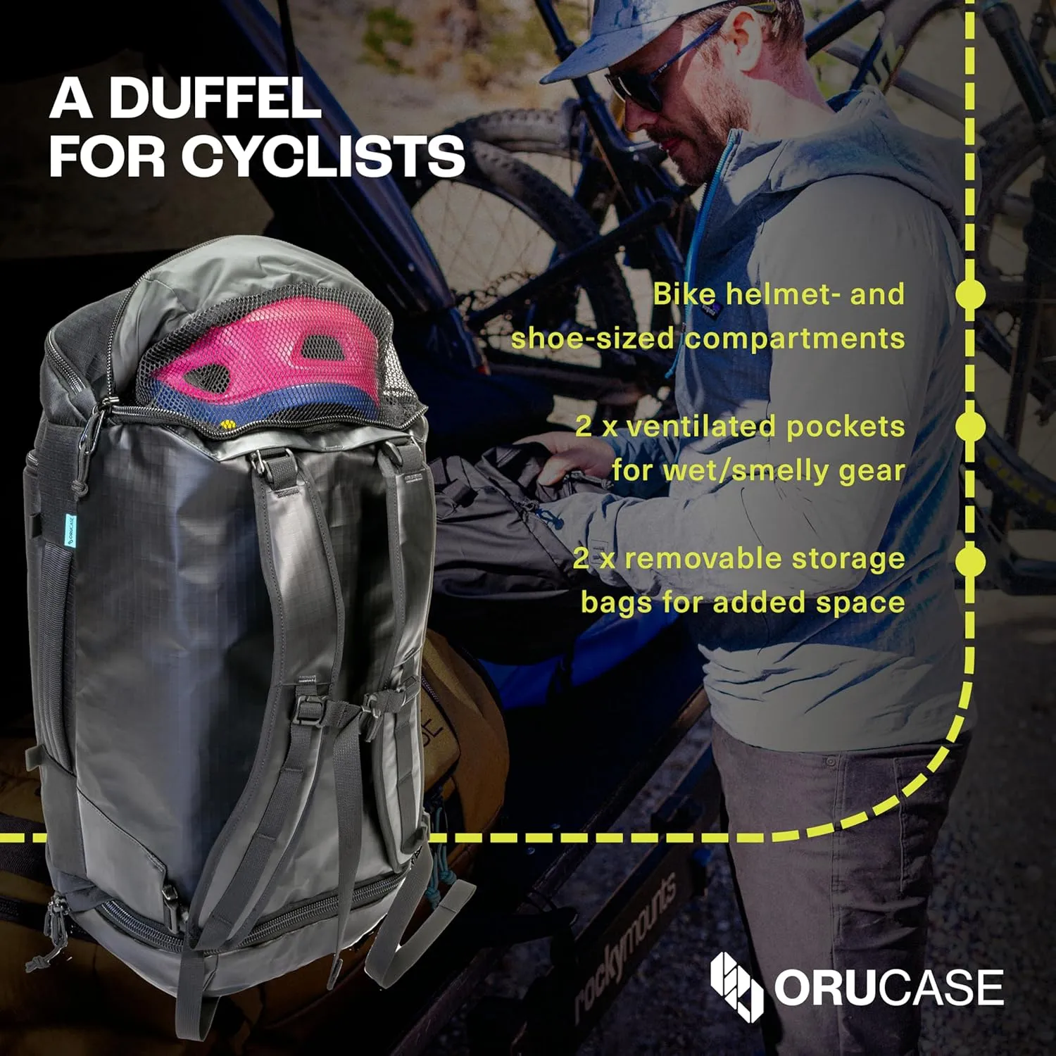 Orucase Janus Duffel Backpack for Cyclists - Gym Duffle Bag for Men & Women with Straps - Water Resistant Duffle Backpack for Travel - 55 L - Coyote