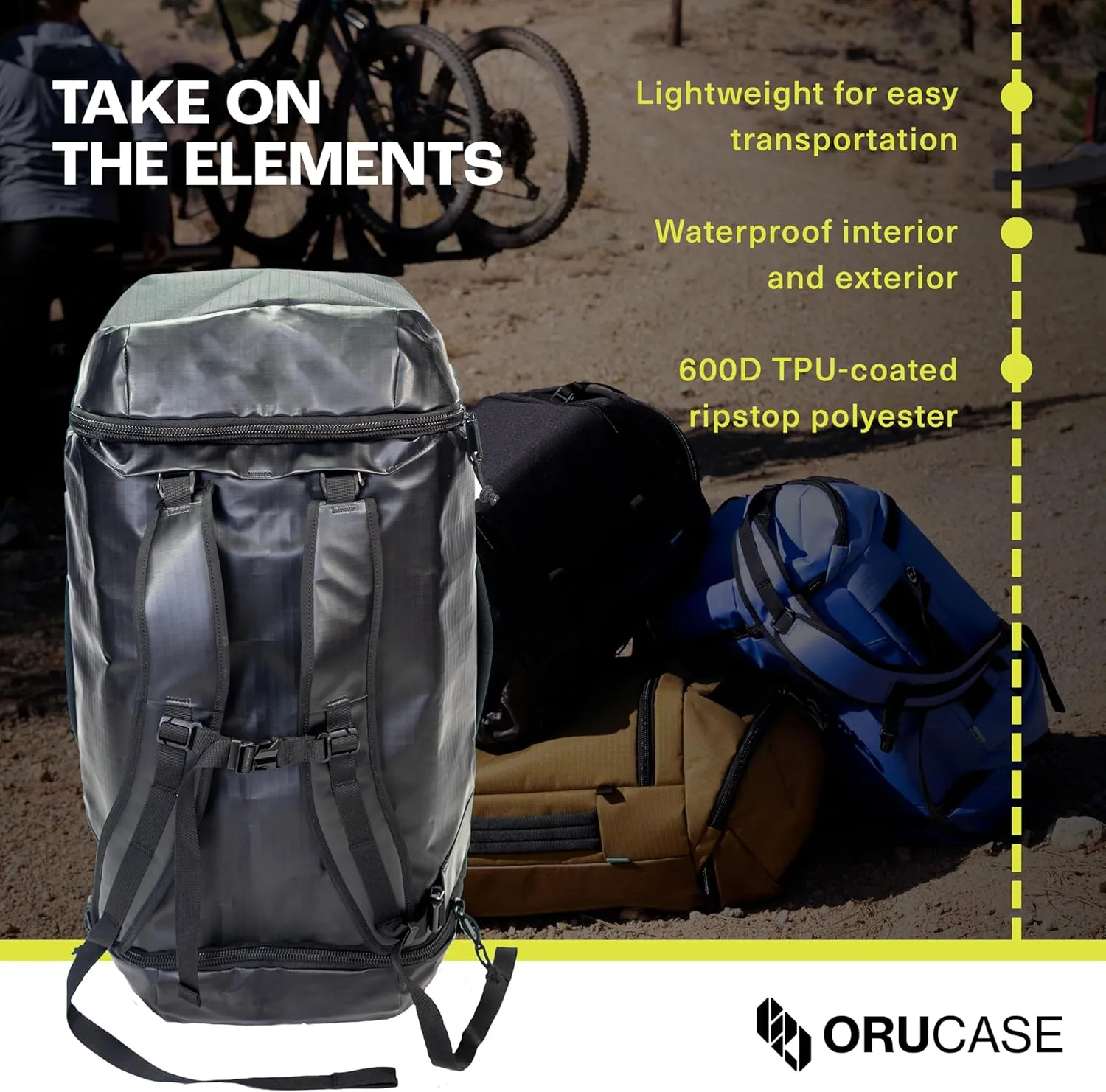 Orucase Janus Duffel Backpack for Cyclists - Gym Duffle Bag for Men & Women with Straps - Water Resistant Duffle Backpack for Travel - 55 L - Coyote