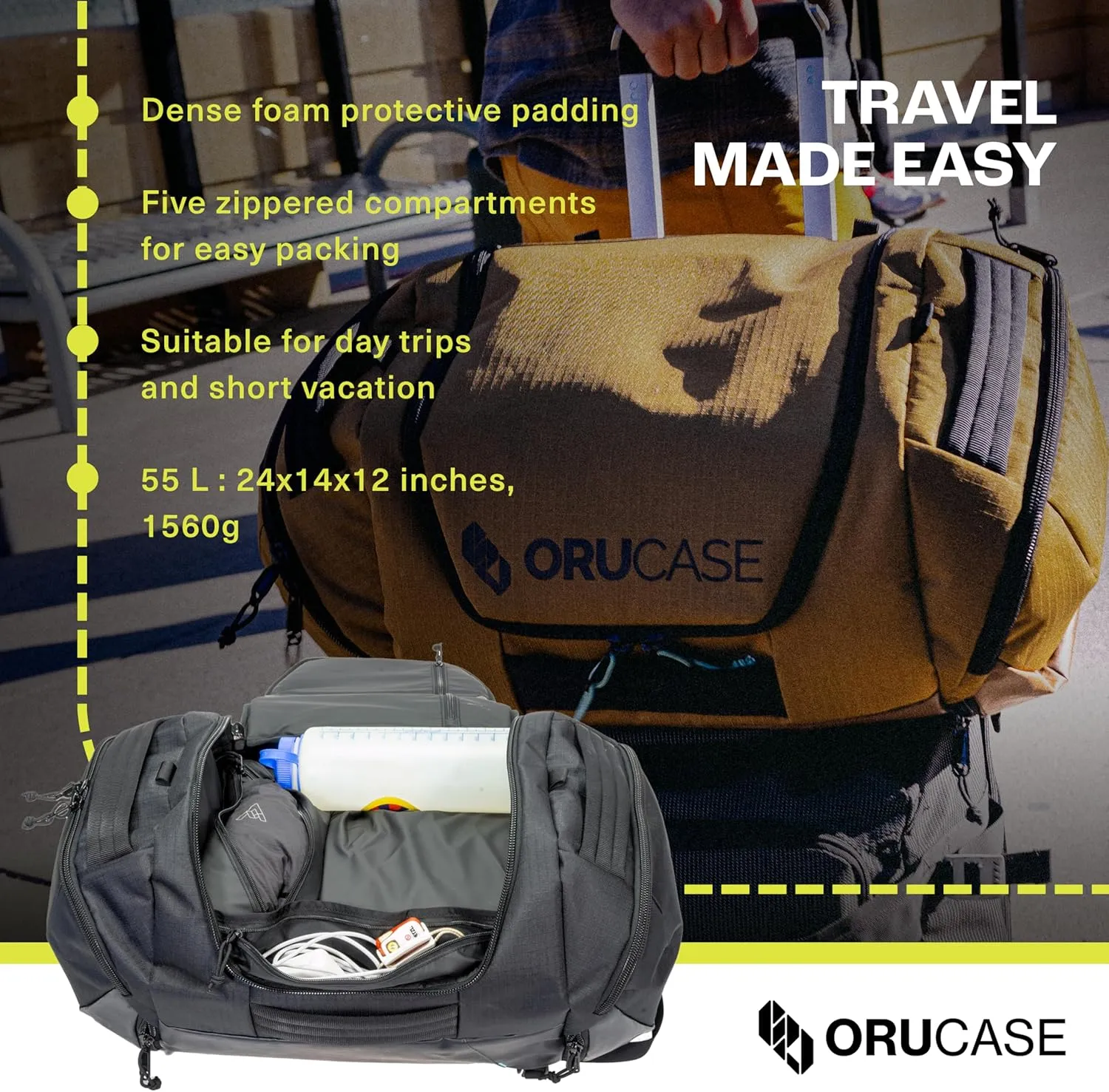 Orucase Janus Duffel Backpack for Cyclists - Gym Duffle Bag for Men & Women with Straps - Water Resistant Duffle Backpack for Travel - 55 L - Coyote