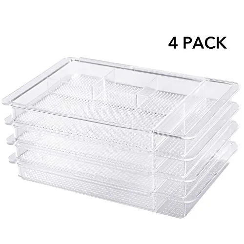 Oubonun Expandable Drawer Organizer 11.1” to 19.2” Width, Shallow Cosmetic Organizer 1.3” Height, 4 Packs, Clear Plastic Storage Trays with 7 Compartments for Dressing Table, Bathroom, and Office Desk