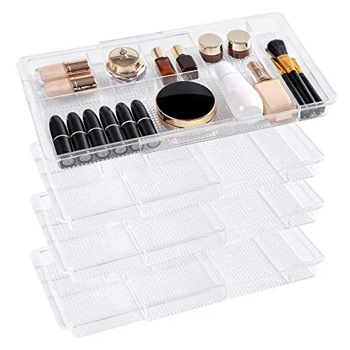 Oubonun Expandable Drawer Organizer 11.1” to 19.2” Width, Shallow Cosmetic Organizer 1.3” Height, 4 Packs, Clear Plastic Storage Trays with 7 Compartments for Dressing Table, Bathroom, and Office Desk