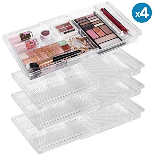 Oubonun Expandable Drawer Organizer 11.1” to 19.2” Width, Shallow Cosmetic Organizer 1.3” Height, 4 Packs, Clear Plastic Storage Trays with 7 Compartments for Dressing Table, Bathroom, and Office Desk