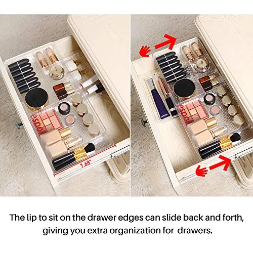 Oubonun Expandable Drawer Organizer 11.1” to 19.2” Width, Shallow Cosmetic Organizer 1.3” Height, 4 Packs, Clear Plastic Storage Trays with 7 Compartments for Dressing Table, Bathroom, and Office Desk