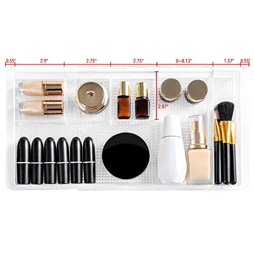 Oubonun Expandable Drawer Organizer 11.1” to 19.2” Width, Shallow Cosmetic Organizer 1.3” Height, 4 Packs, Clear Plastic Storage Trays with 7 Compartments for Dressing Table, Bathroom, and Office Desk