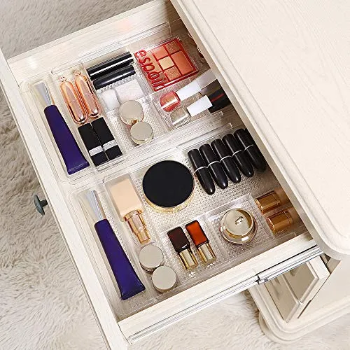 Oubonun Expandable Drawer Organizer 11.1” to 19.2” Width, Shallow Cosmetic Organizer 1.3” Height, 4 Packs, Clear Plastic Storage Trays with 7 Compartments for Dressing Table, Bathroom, and Office Desk